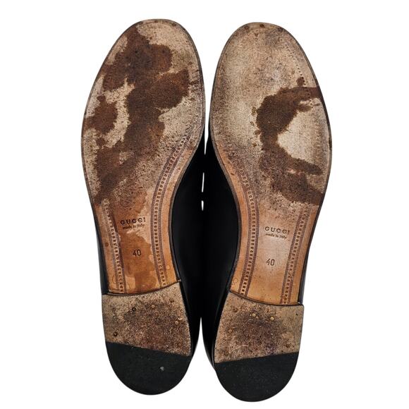 Gucci Jordaan Horsebit Slip On Flat Loafer Black Leather Gold Size 40 US 10 - Picture 8 of 12